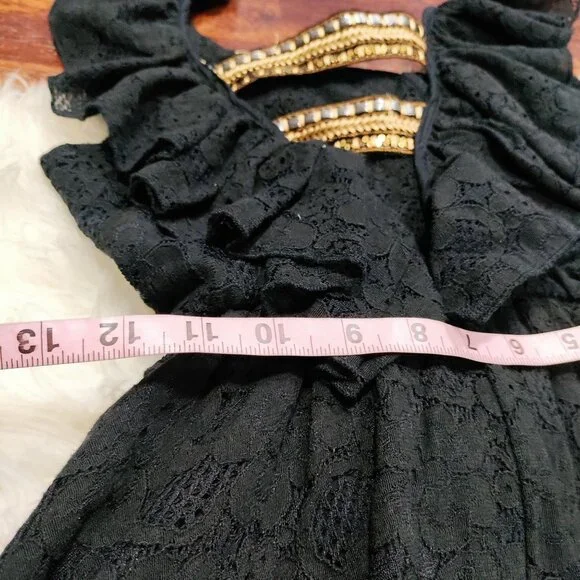 Pho Firenze M Black Lace Ruffle Maxi Dress With Open Back Embellished Straps - Picture 8 of 16